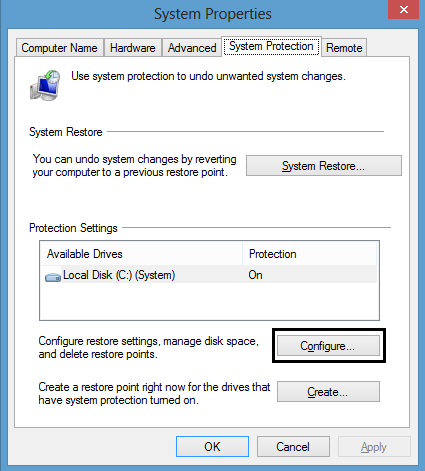 System Protection Properties, Configure